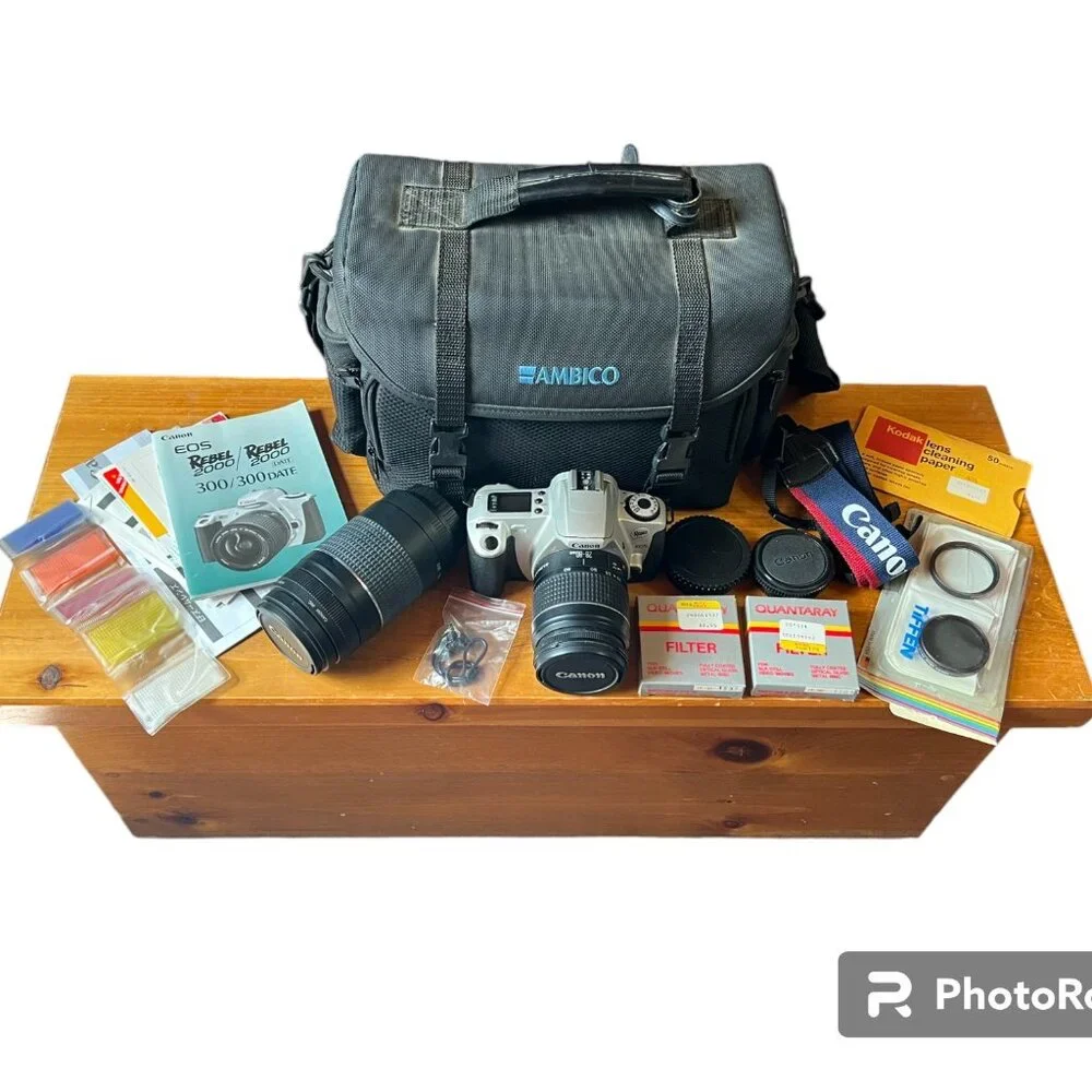 Canon EOS Rebel 2000 35mm SLR Film Camera, 2 Lenses/Filters/Strap/Camera Bag
